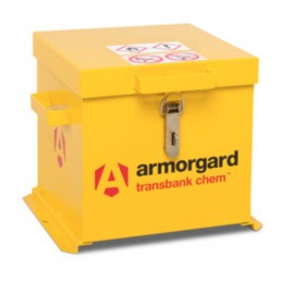 Coffre de transport produits chimiques Armorgard TRB1C jaune avec signalétique de sécurité pour véhicule utilitaire