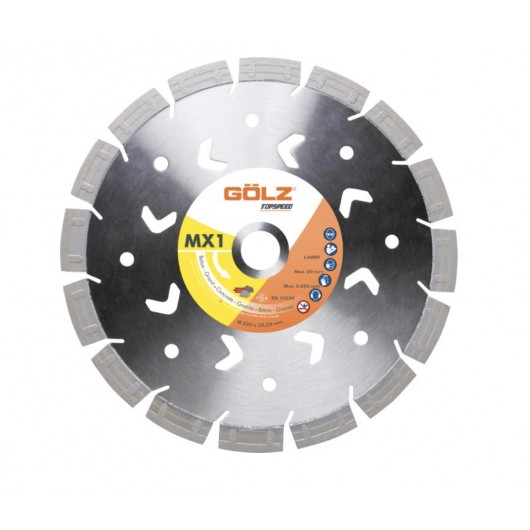 DISQUE DIAMANT MX1, COUPE A SEC OU A EAU POUR MEULEUSE - Ø 230 MM / ALESAGE 22.23 MM - SEGMENT 3 NIVEAUX INVERSES - MIXTE - GOLZ