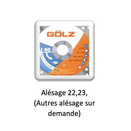 DISQUE DIAMANT LU40, COUPE A SEC POUR MEULEUSE - Ø 180 MM / ALESAGE 22.23 MM - BETON - GOLZ DISQUE DIAMANT LU40, COUPE A SEC POUR MEULEUSE - Ø 180 MM / ALESAGE 22.23 MM - BETON - GOLZ