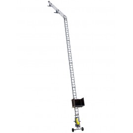 Monte-matériaux acier Apache Tubesca 10m60 avec caisse matériaux et genouillère déployé sur chantier.