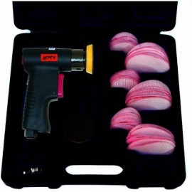 Coffret mini ponceuse orbitale pneumatique SAM RC1346C-90 ouvert avec plateaux 50mm et 75mm et disques abrasifs