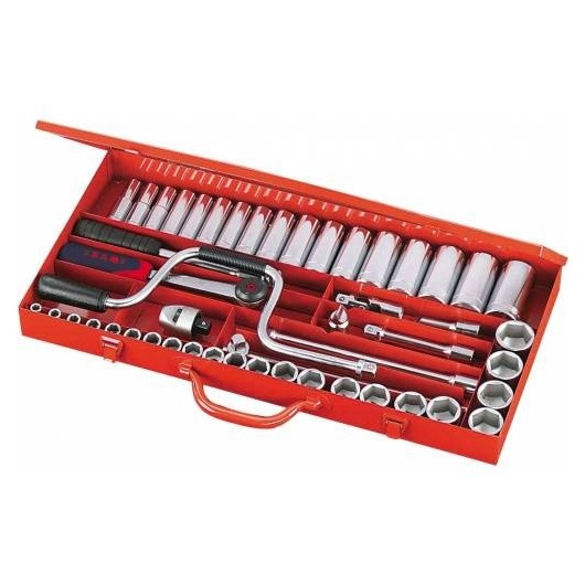 Coffret ouvert Sam-Outillage 49 pièces 1/2" – vue d’ensemble outils Coffret ouvert Sam-Outillage 49 pièces 1/2" – vue d’ensemble outils