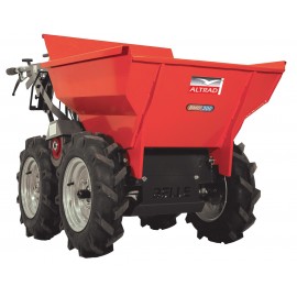 Mini Dumper Altrad BMD 300 rouge sur roues tout terrain, capacité 300kg, vue arrière et latérale