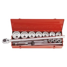 Coffret de douilles 1 pouce métriques King Tony 8015MR ouvert avec cliquet et accessoires pour mécanique poids lourds.