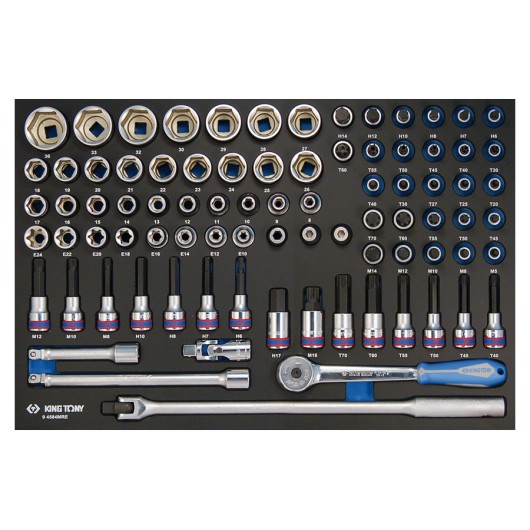 KING TONY 94584MRE : Plateau EVAWAVE de douilles, douilles tournevis TORX®, XZN® et 6 pans et accessoires 1/2" - 84 pièces