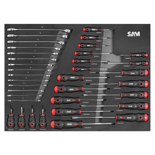 SAM OUTILLAGE - Servante série 30N 6 tiroirs grise + composition Mécanique 239 outils en module mousse