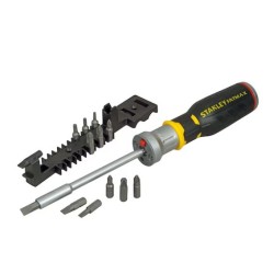 STANLEY - Big Tournevis Porte-Embouts A Cliquet + Led + 12 Embouts : Fente 5, 6.5, 8Mm / Ph1-Ph2-Ph3 / Pz1-Pz2-Pz3 / T10-T15-T20