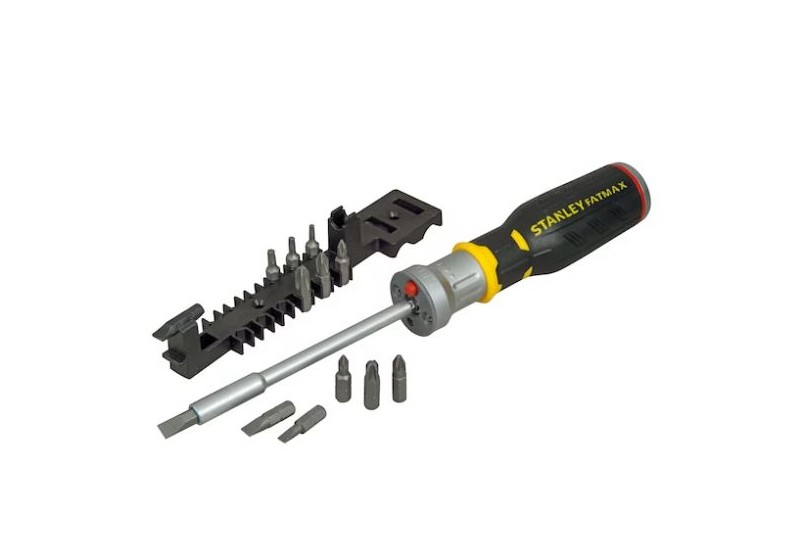 STANLEY - Big Tournevis Porte-Embouts A Cliquet + Led + 12 Embouts : Fente 5, 6.5, 8Mm / Ph1-Ph2-Ph3 / Pz1-Pz2-Pz3 / T10-T15-T20