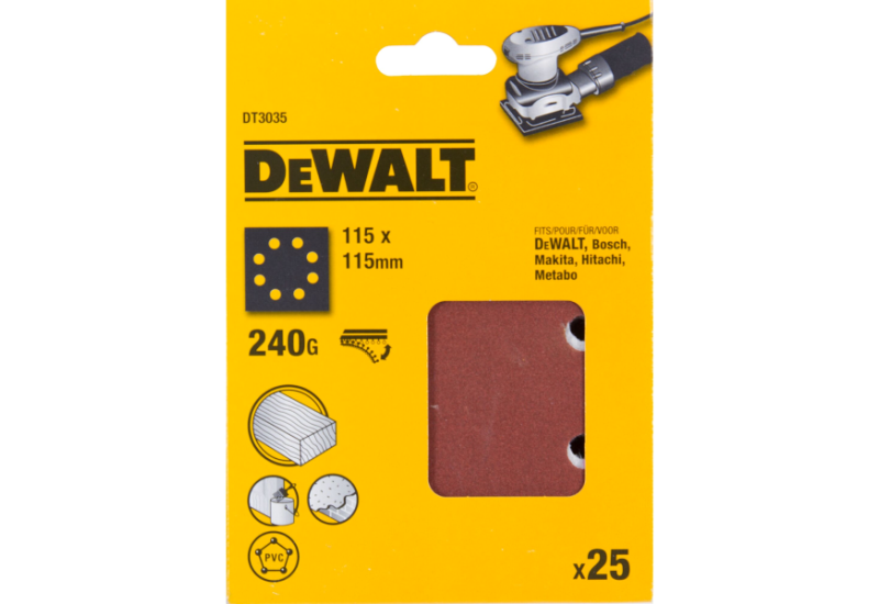 DEWALT - 1/4 feuille abrasive pour ponceuses vibrantes grain 240 - 8 perforations 115x115 mm DEWALT - 1/4 feuille abrasive pour ponceuses vibrantes grain 240 - 8 perforations 115x115 mm
