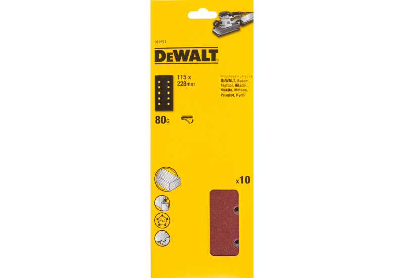 DEWALT - 1/2 feuille abrasive pour ponceuses vibrantes velcro grain 80 - 10 perforations 115x228mm\nMulti-usages Peinture / Bois DEWALT - 1/2 feuille abrasive pour ponceuses vibrantes velcro grain 80 - 10 perforations 115x228mm\nMulti-usages Peinture / Bois