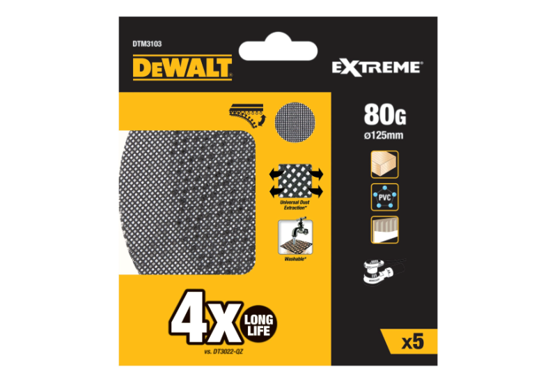DEWALT - Disque abrasif velcro, structure en maille durée de vie extra longue X4 Ø125 mm grain 80