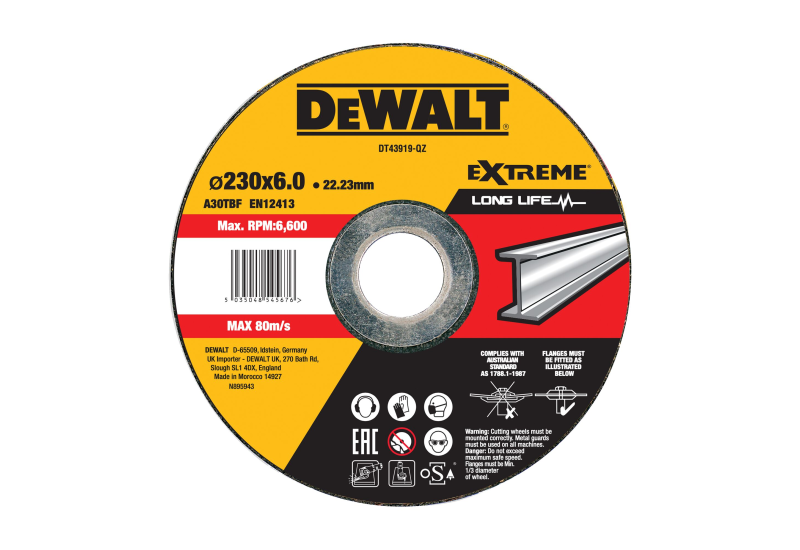 Disque à Meuler Métal DeWalt 230x22.2 Mm - Épaisseur 6mm, Moyeu Déporté - Oxyde D'aluminium Professionnel