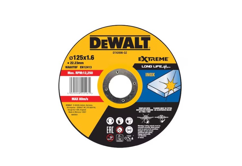 DEWALT - Disque à tronçonner L'inox 125X22,2 mm, épaisseur 1.6 mm, moyeu plat