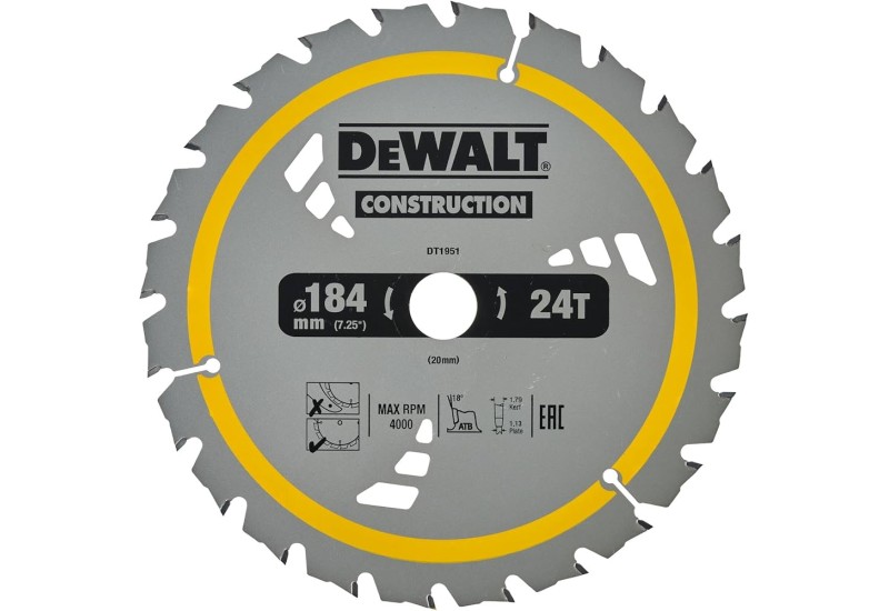 DEWALT - Lame de scie circulaire sans fil Construction, 184x20 mm, 24 dents DEWALT - Lame de scie circulaire sans fil Construction, 184x20 mm, 24 dents