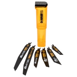 Coffret de rangement DeWalt DT2440L avec 6 lames de scie sabre bi-métal pour bois et métal.