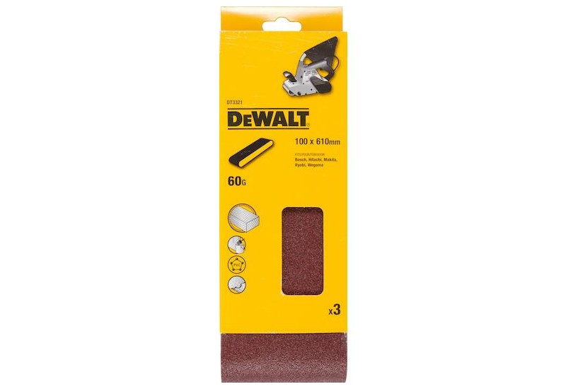 Lot de 3 bandes abrasives DeWalt DT3321 grain 60 dimensions 100x610mm pour ponceuse à bande large.