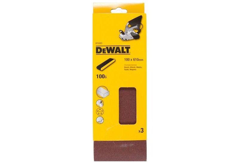Paquet de 3 bandes abrasives DeWalt DT3323 grain 100 dimensions 100x610mm pour ponceuse à bande large.