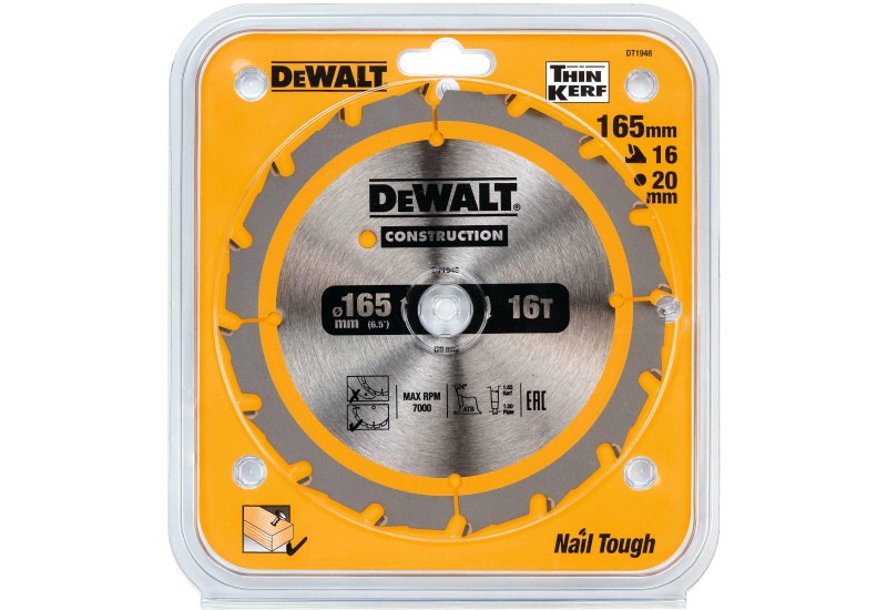 DEWALT - Lame de scie circulaire sans fil Construction, 165x20 mm, 16 dents DEWALT - Lame de scie circulaire sans fil Construction, 165x20 mm, 16 dents