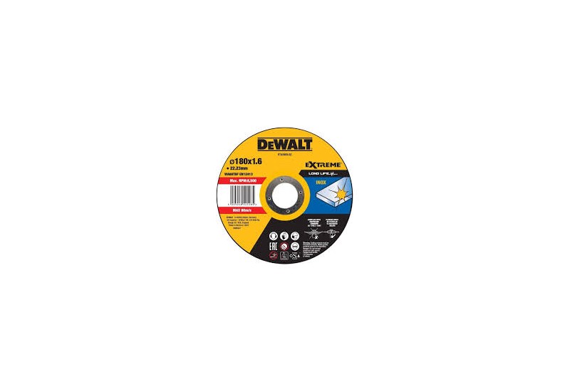 DEWALT - Disque à tronçonner l'inox 180x22,2mm, épaisseur 1.6mm, moyeu plat DEWALT - Disque à tronçonner l'inox 180x22,2mm, épaisseur 1.6mm, moyeu plat