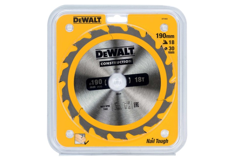 DEWALT - Lame de scie circulaire portative Construction, 190x30 mm, 18 dents DEWALT - Lame de scie circulaire portative Construction, 190x30 mm, 18 dents