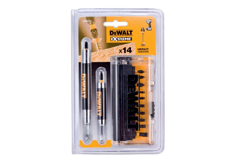 Coffret DeWalt DT70574T ouvert montrant 12 embouts de vissage Impact Torsion et 2 porte-embouts magnétiques à manchon.