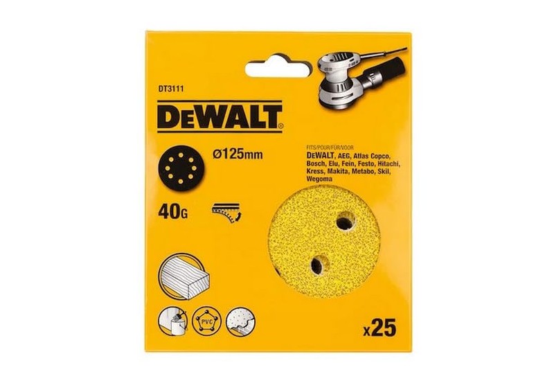 DEWALT - Disque abrasif velcro pour ponceuses excentriques grain 40 - 8 perforations ø 125 mm DEWALT - Disque abrasif velcro pour ponceuses excentriques grain 40 - 8 perforations ø 125 mm