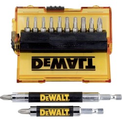Coffret DeWalt DT71570 ouvert avec 12 embouts de vissage standard et 2 porte-embouts à fourreau coulissant.