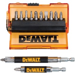 Coffret DeWalt DT71502 ouvert avec 12 embouts de vissage (PH, PZ, Torx, Plat) et 2 porte-embouts à fourreau coulissant.