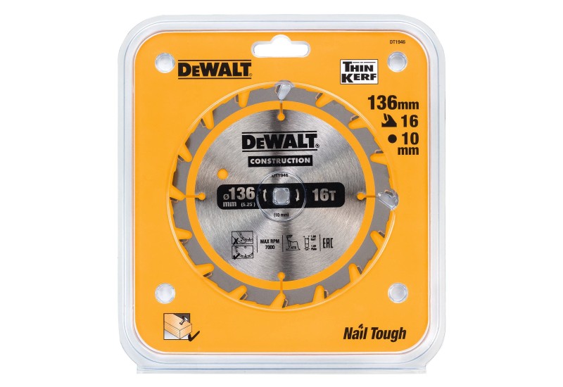 DEWALT - Lame de scie circulaire sans fil Construction, 136x10 mm, 16 dents DEWALT - Lame de scie circulaire sans fil Construction, 136x10 mm, 16 dents