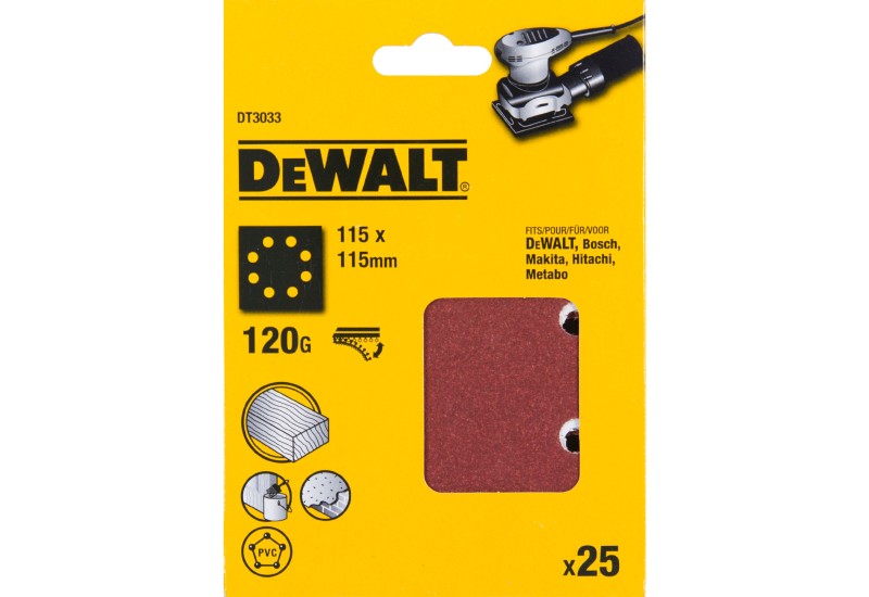 DEWALT - 1/4 feuille abrasive pour ponceuses vibrantes grain 120 - 8 perforations 115x115 mm