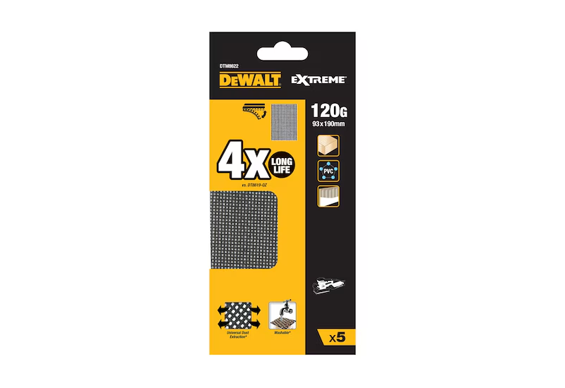 DEWALT - 1/3 feuille abrasive velcro, structure en maille durée de vie extra longue X4 93 x 190 mm grain 120 DEWALT - 1/3 feuille abrasive velcro, structure en maille durée de vie extra longue X4 93 x 190 mm grain 120