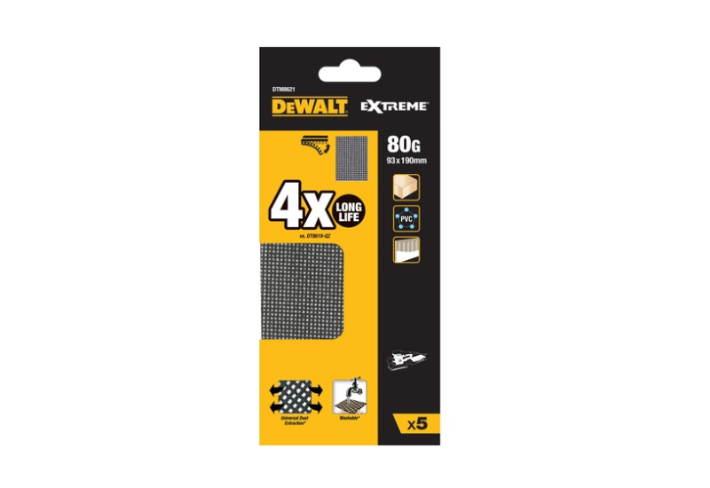 DEWALT - 1/3 feuille abrasive velcro, structure en maille durée de vie extra longue X4 93 x 190 mm grain 80 DEWALT - 1/3 feuille abrasive velcro, structure en maille durée de vie extra longue X4 93 x 190 mm grain 80