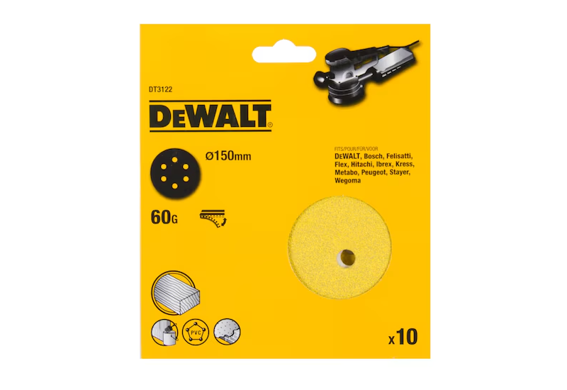 DEWALT - Disque abrasif velcro pour ponceuses excentriques grain 60 - 6 perforations ø 150 mm DEWALT - Disque abrasif velcro pour ponceuses excentriques grain 60 - 6 perforations ø 150 mm