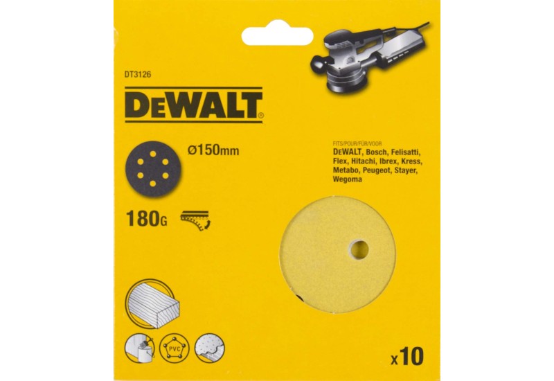 DEWALT - Disque abrasif velcro pour ponceuses excentriques grain 180 - 6 perforations ø 150 mm