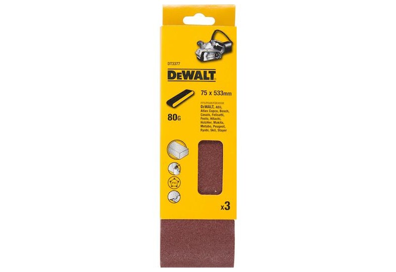 Paquet de 3 bandes abrasives DeWalt DT3377 grain 80 dimensions 75x533mm pour ponceuse à bande portative.