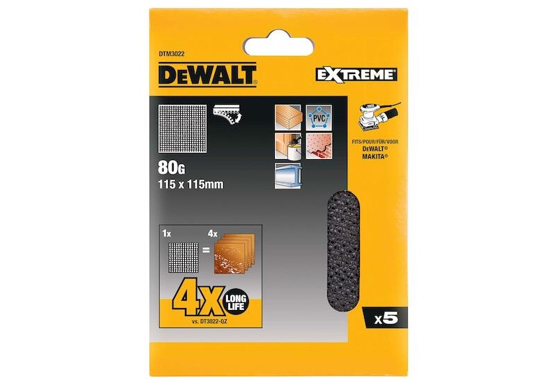 DEWALT - 1/4 feuille abrasive velcro, structure en maille durée de vie extra longue X4 115 x 115 mm grain 80