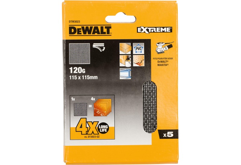 DEWALT - 1/4 feuille abrasive velcro, structure en maille durée de vie extra longue X4 115 x 115 mm grain 120 DEWALT - 1/4 feuille abrasive velcro, structure en maille durée de vie extra longue X4 115 x 115 mm grain 120