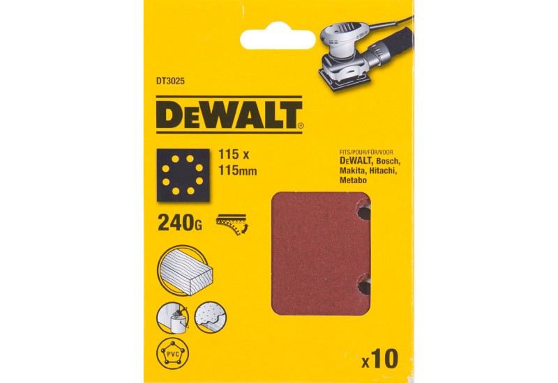 DEWALT - 1/4 feuille abrasive pour ponceuses vibrantes grain 240 - 8 perforations 115x115 mm