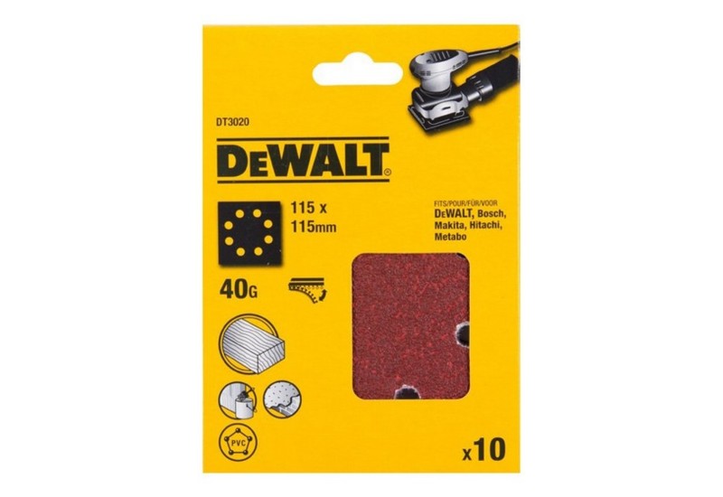 DEWALT - 1/4 feuille abrasive pour ponceuses vibrantes grain 40 - 8 perforations 115x115 mm