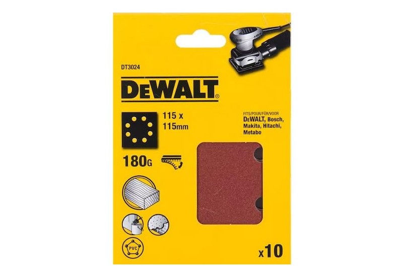 DEWALT - 1/4 feuille abrasive pour ponceuses vibrantes grain 180 - 8 perforations 115x115 mm DEWALT - 1/4 feuille abrasive pour ponceuses vibrantes grain 180 - 8 perforations 115x115 mm