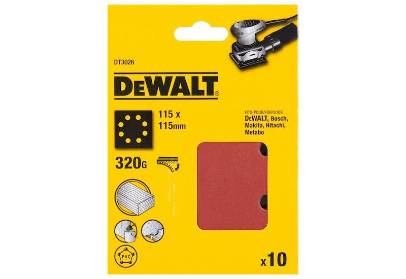 DEWALT - 1/4 feuille abrasive pour ponceuses vibrantes grain 320 - 8 perforations 115x115 mm DEWALT - 1/4 feuille abrasive pour ponceuses vibrantes grain 320 - 8 perforations 115x115 mm