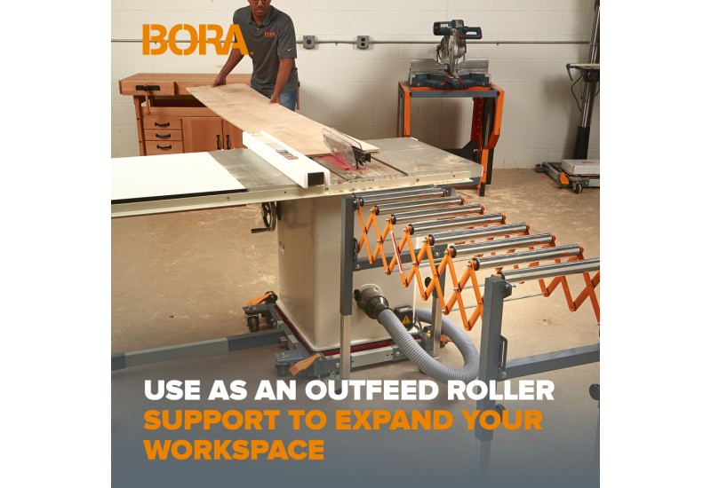 Artisan utilisant le support roulant BORA pour scier un panneau Artisan utilisant le support roulant BORA pour scier un panneau