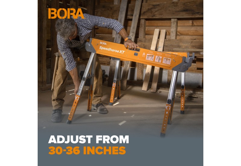 tréteau déployé BORA Speedhorse XT sur sol de chantier tréteau déployé BORA Speedhorse XT sur sol de chantier