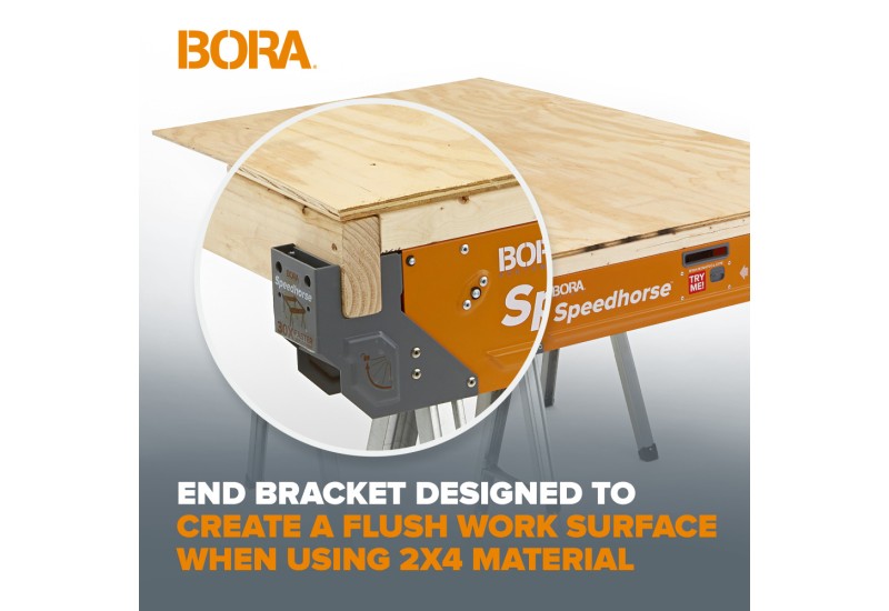 Support d’extrémité conçu pour créer une surface de travail affleurante lors de l’utilisation de madriers 2x4. Support d’extrémité conçu pour créer une surface de travail affleurante lors de l’utilisation de madriers 2x4.