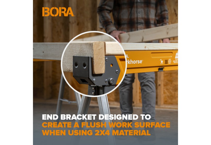 Support d'extrémité conçu pour créer une surface de travail affleurante lors de l'utilisation de madriers 2x4. Support d'extrémité conçu pour créer une surface de travail affleurante lors de l'utilisation de madriers 2x4.