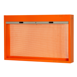 Armoire à rideau Bahco 1495CS15 orange – vue 3/4, rideau ouvert, panneau perforé pour crochets d’outils