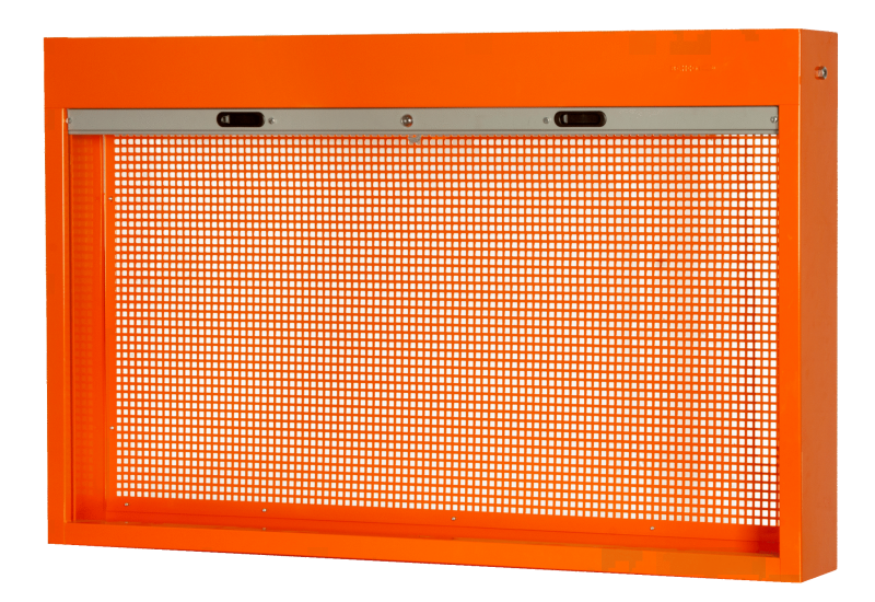 Armoire à rideau Bahco 1495CS15 orange – vue 3/4, rideau ouvert, panneau perforé pour crochets d’outils Armoire à rideau Bahco 1495CS15 orange – vue 3/4, rideau ouvert, panneau perforé pour crochets d’outils