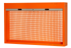 Armoire à rideau Bahco 1495CS15 orange – vue 3/4, rideau ouvert, panneau perforé pour crochets d’outils