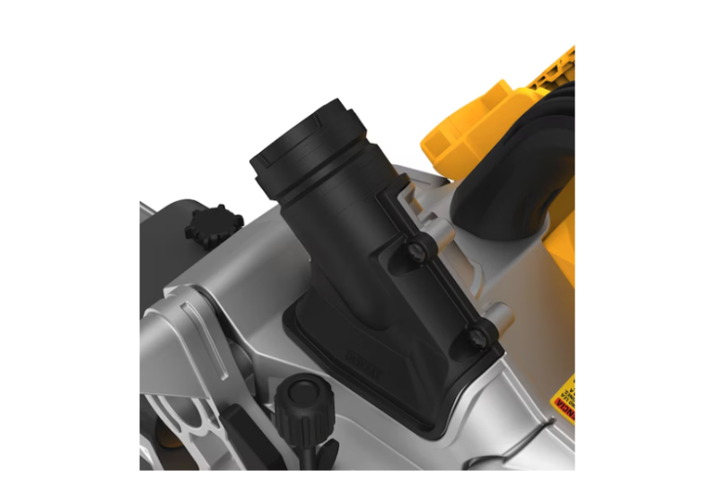 Scie à onglets DEWALT DCS781X2-QW installée sur un établi professionnel. Scie à onglets DEWALT DCS781X2-QW installée sur un établi professionnel.