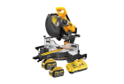 Vue générale de la scie à onglets DEWALT DCS781X2-QW avec ses deux batteries. Vue générale de la scie à onglets DEWALT DCS781X2-QW avec ses deux batteries.